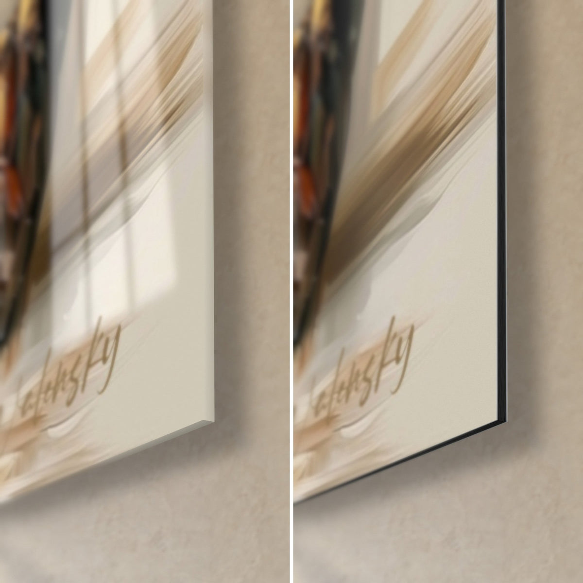 Quadro orso con pigmenti rame e avorio, angolo in basso a destra: vetro acrilico lucido a sinistra, alluminio Dibond opaco a destra, bordo da 3 mm