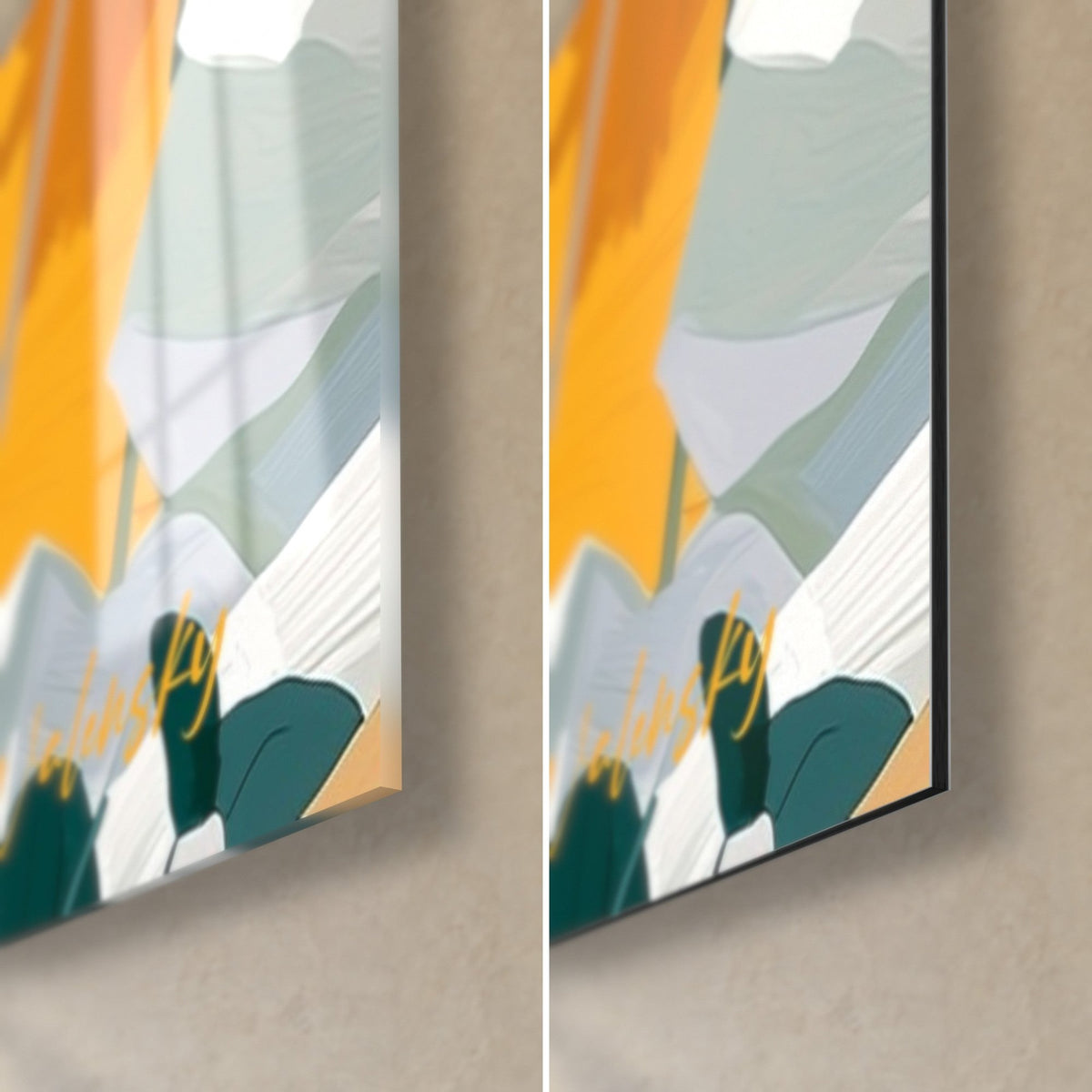 Tableau ours orange aux coups de pinceau ocre, coin bas droit en verre brillant et en Dibond mat, tranche de 3 mm visible
