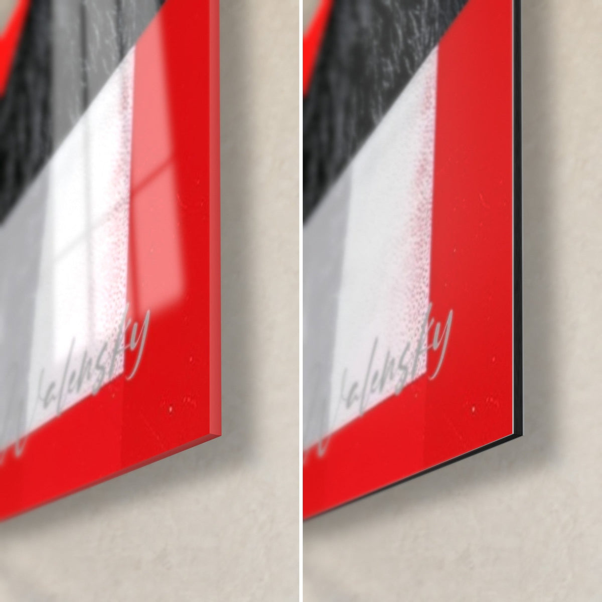 Gemälde Grizzly mit roten und grauen Streifen, untere rechte Ecke aus glänzendem Acrylglas und mattschwarzem Dibond-Alu, 3 mm Kante