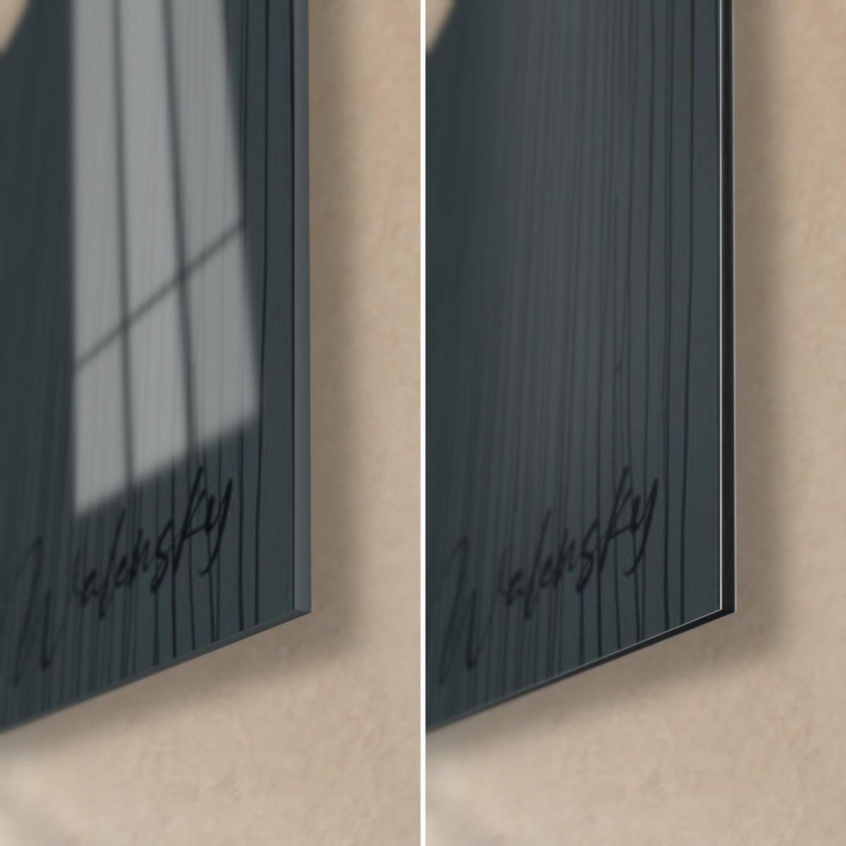 Wall art bear in red and charcoal, bottom right corner: glossy glass reflecting the window, matte Dibond, 3 mm edge