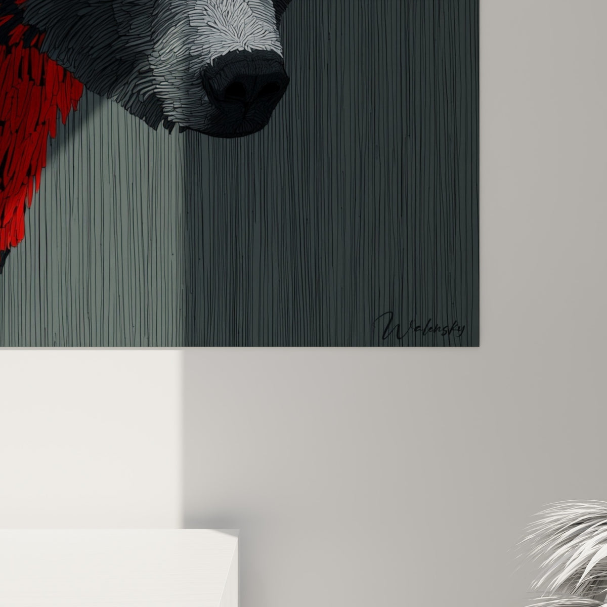 Empâtements rouges et gris de l'Ours brun révélant grain et relief de la matière peinte de près