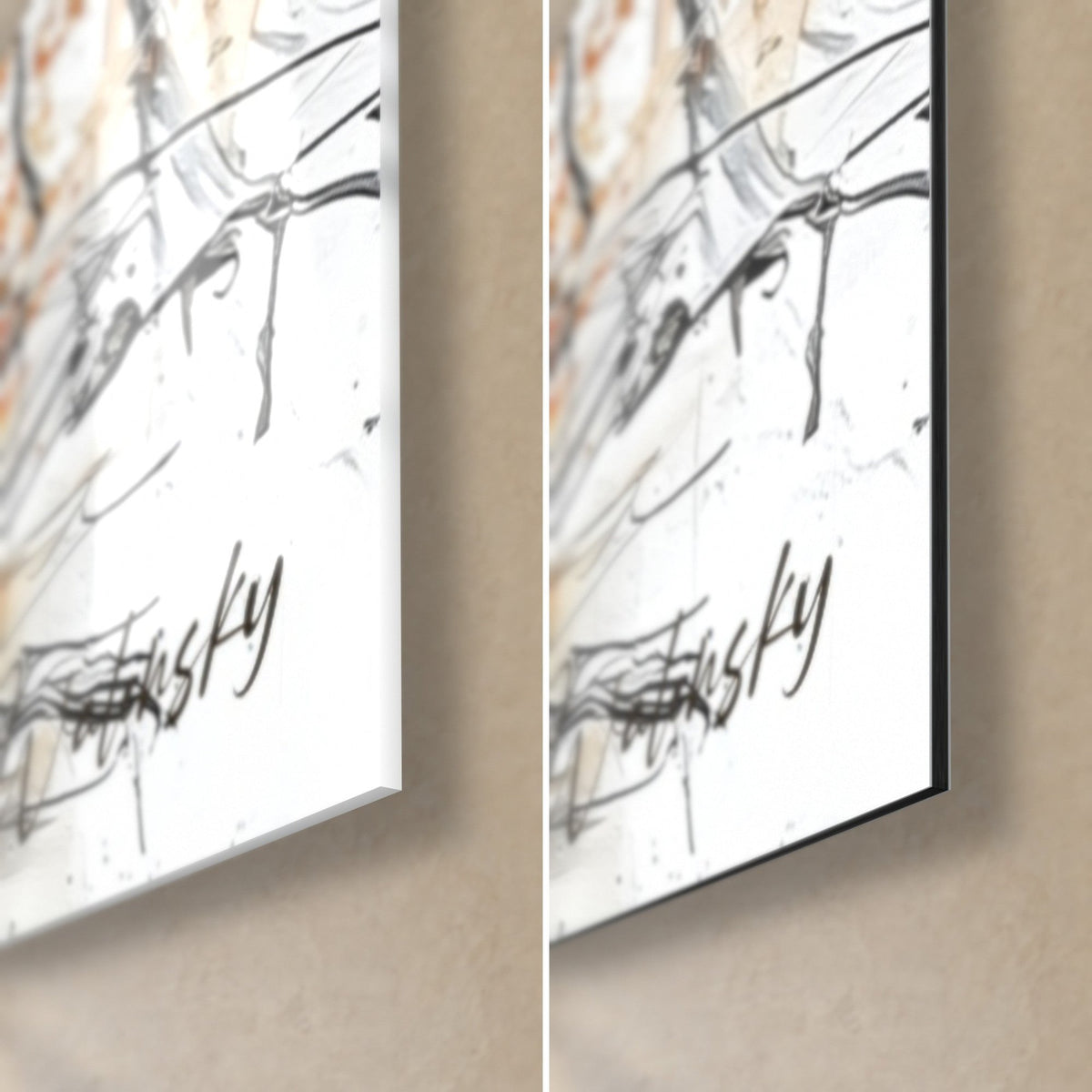 Gemälde Braunbär, schwarze Signatur unten rechts, glänzendes Acrylglas mit Reflexen links, mattes weißes Dibond rechts