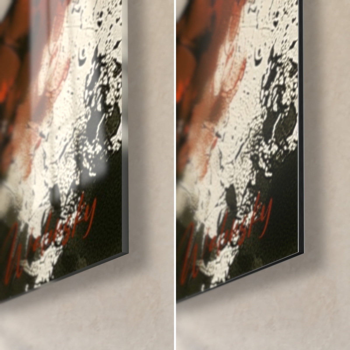 Gemälde Samurai-Bär, untere rechte Ecke: rote und schwarze Spritzer, glänzendes Acrylglas links, matte Dibond rechts, 3 mm Kante
