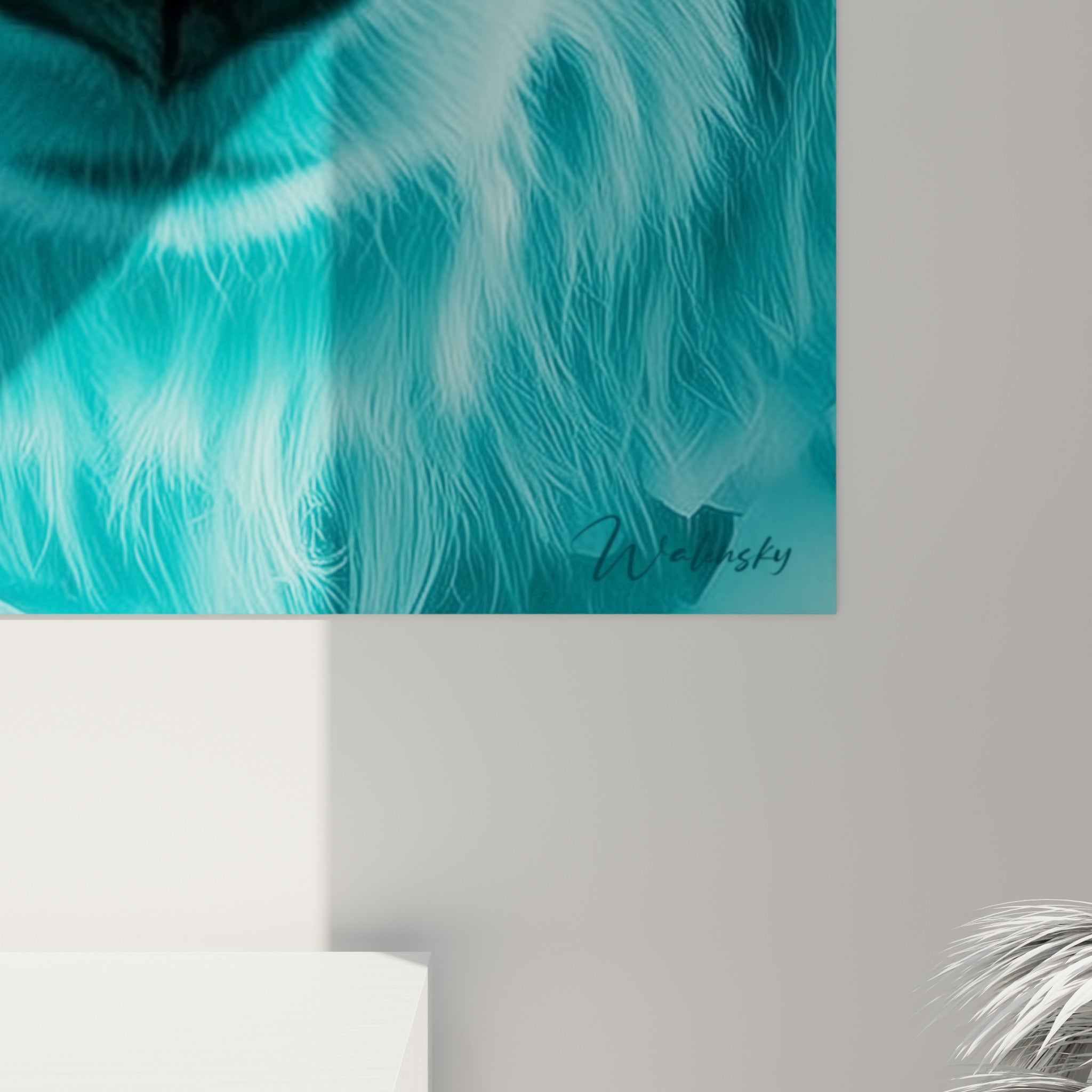 Détail du pelage texturé bleu pastel et anthracite montrant le grain fin de l'impression sur toile
