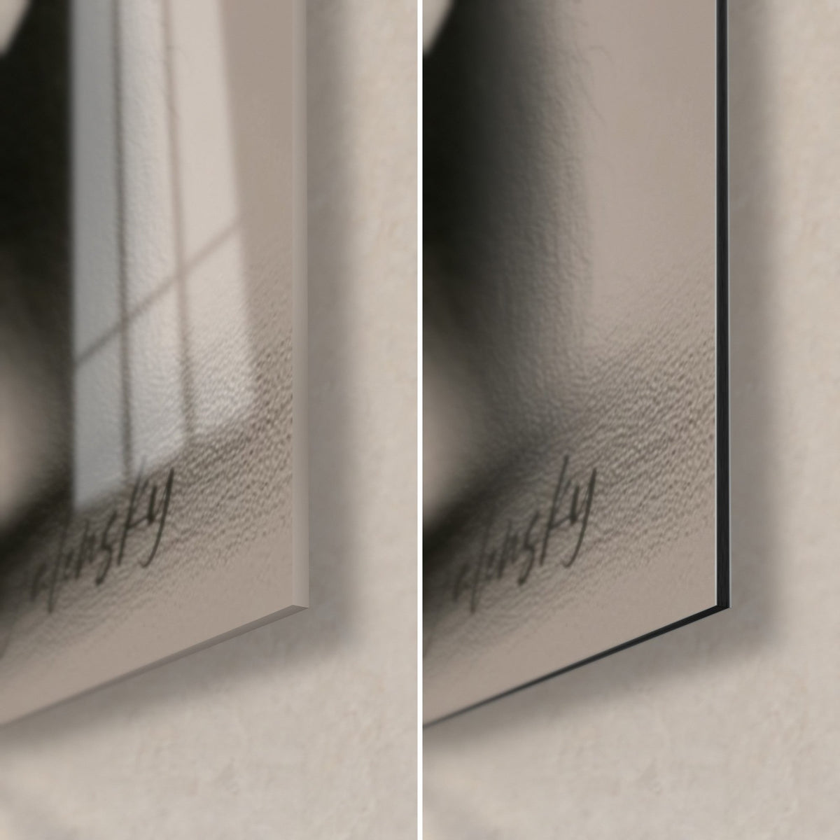 Gemälde Plantigrade in Holzkohle mit cremefarbenen Adern, untere rechte Ecke: glänzendes Acrylglas links, matter Alu-Dibond, 3 mm Stärke