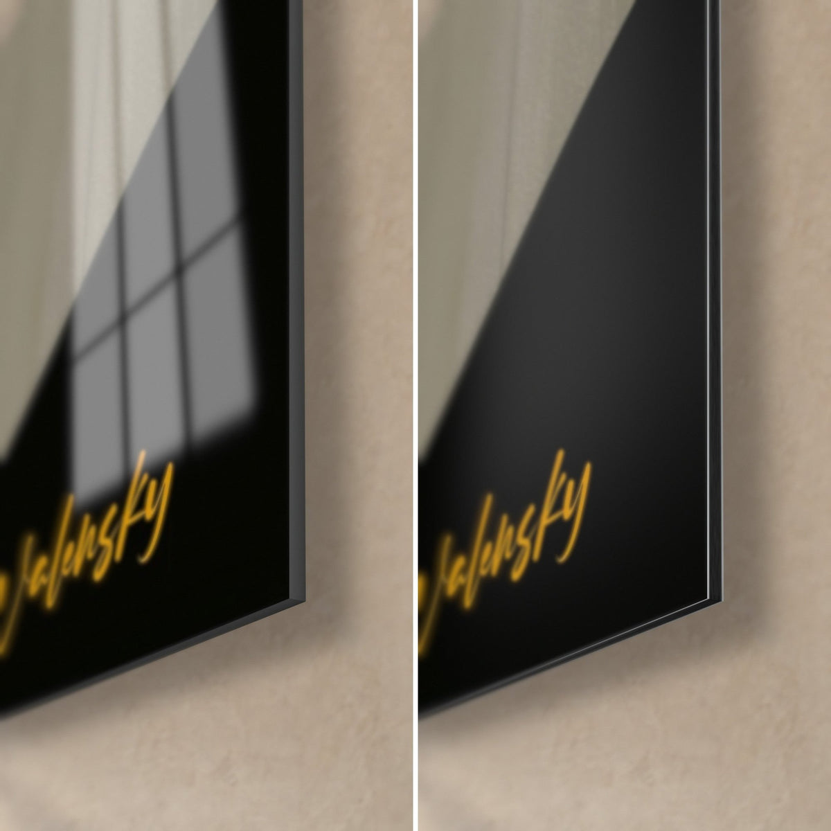 Tableau plantigrade doré et noir, coin bas droit : verre acrylique brillant reflétant la fenêtre, alu Dibond mat noir, signature Walensky jaune