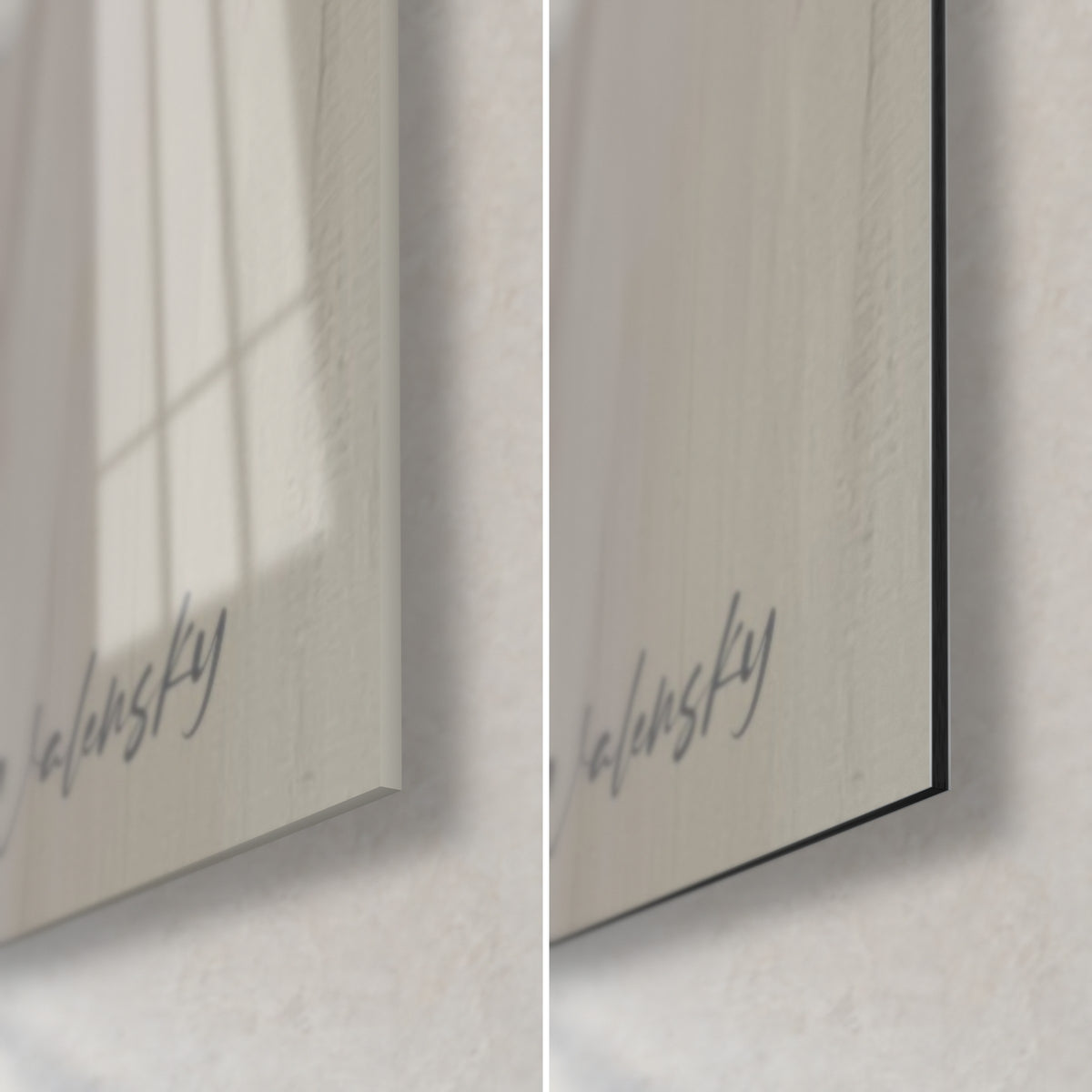 Wall art stylised brown bear, bottom right corner: Walensky signature, glossy acrylic glass on the left, matt black Dibond on the right, 3 mm edge