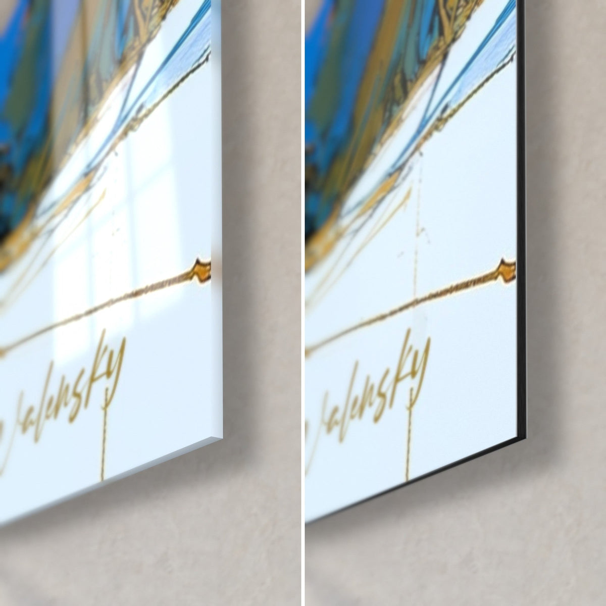 Quadro orso assonnato in azzurro e oro, angolo in basso a destra: vetro acrilico lucido che riflette la luce, Dibond nero opaco e bordo da 3 mm
