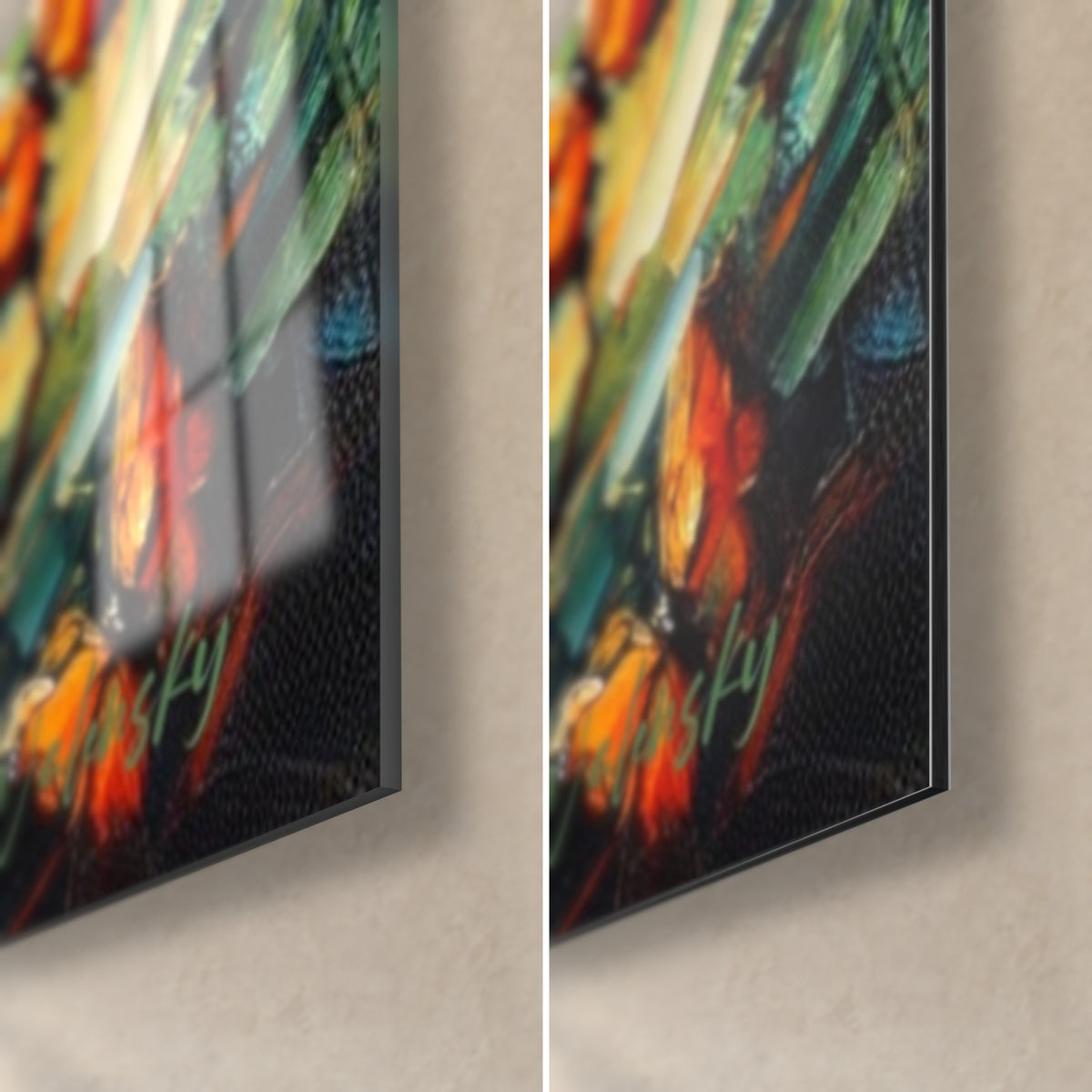 Tableau plantigrade et ailes orangées, coin bas droit : verre acrylique brillant à gauche, Dibond noir mat à droite, tranche 3 mm