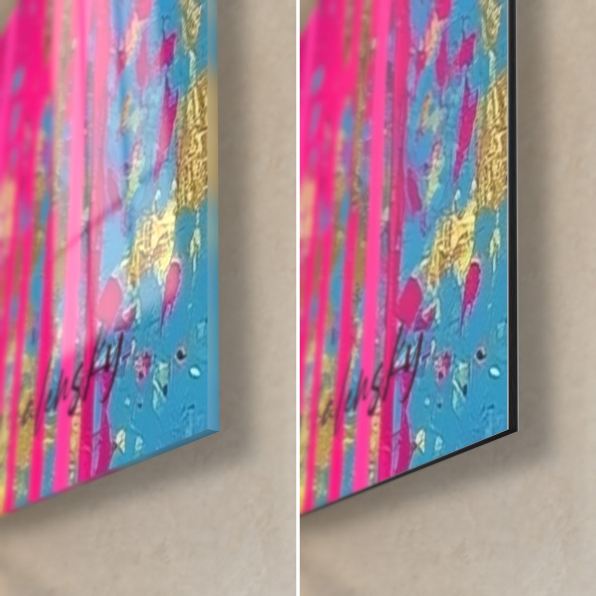 Πίνακας γκρίζλι σε στιλ pop art, κάτω δεξιά γωνία: γυαλιστερό ακρυλικό γυαλί αριστερά, ματ αλουμίνιο Dibond δεξιά, ροζ, μπλε και χρυσό στην πλευρά