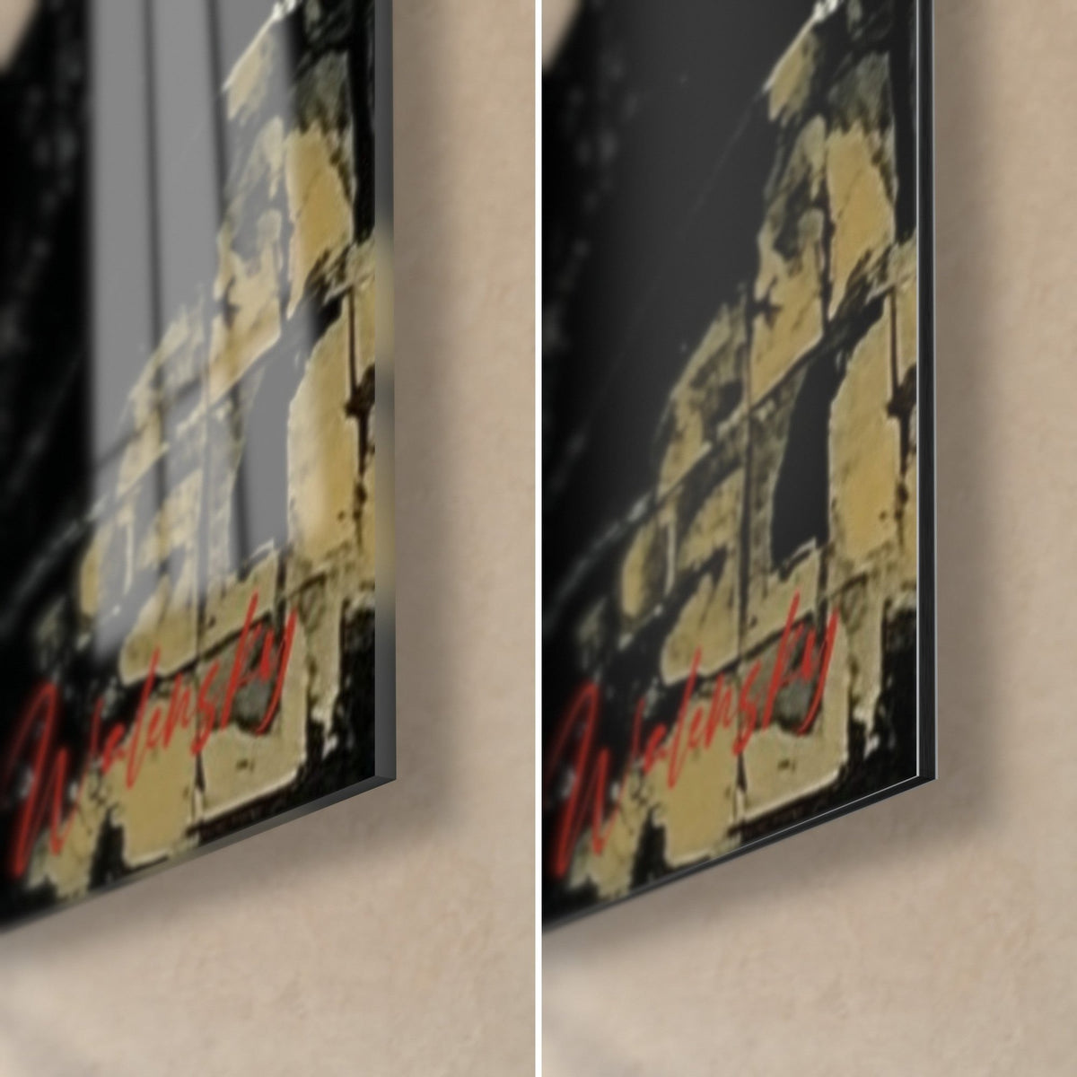 Schilderij bruine beer, rechtsonder: glanzend acrylglas met reflecties, mat zwart en okerkleurig aluminium Dibond, 3 mm rand