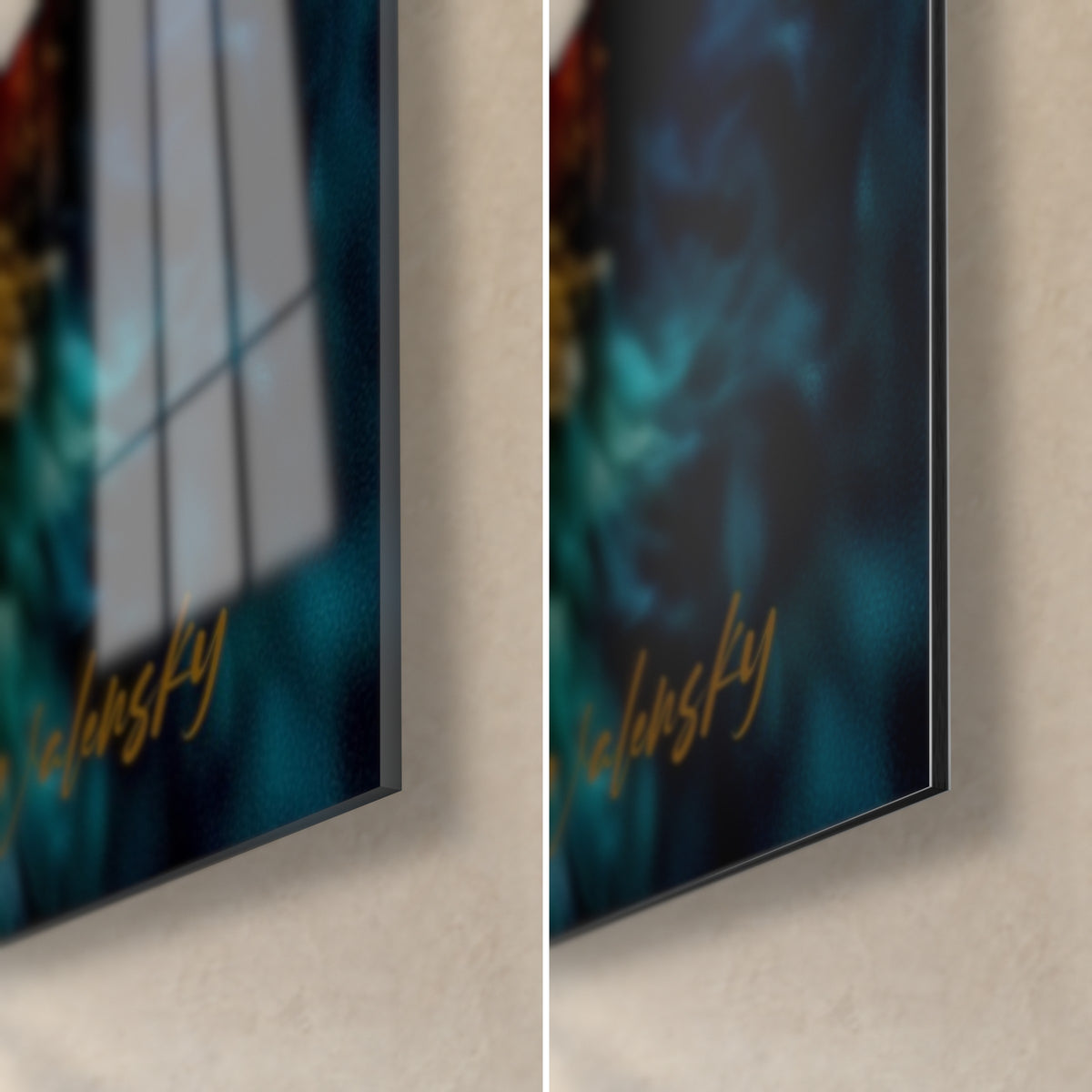 Tableau ours brun, coin bas droit : verre acrylique brillant à reflets à gauche, alu Dibond mat noir à droite, tranche de 3 mm