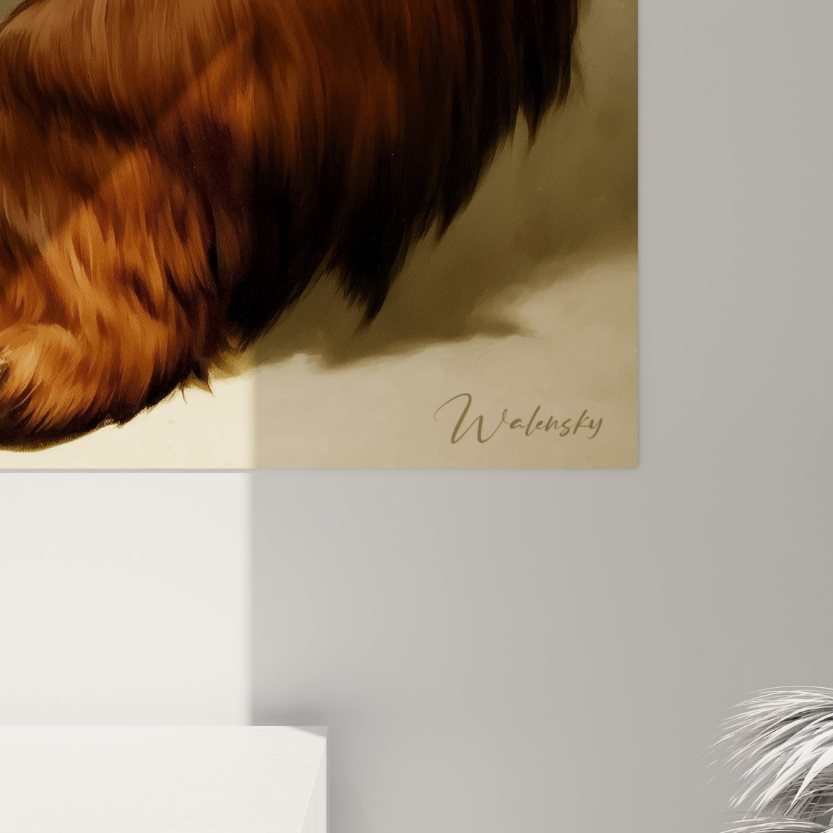 Détail du pelage brun texturé et des griffes acérées peintes en touches acajou et crème sépia