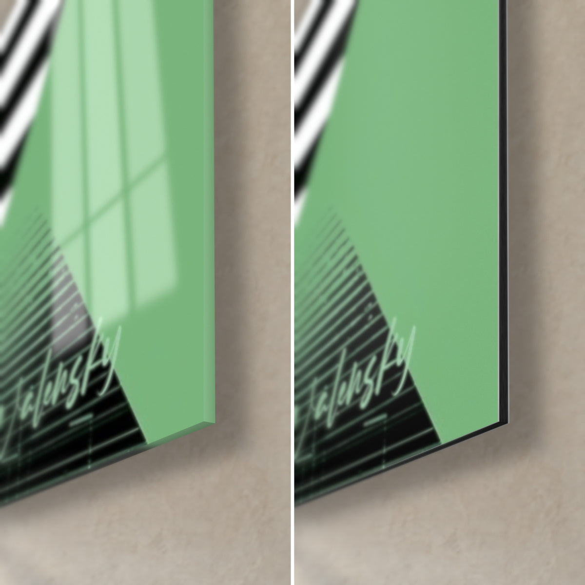 Cuadro oso estilizado verde menta y negro, esquina inferior derecha: cristal acrílico brillante con reflejos, aluminio Dibond mate, canto de 3 mm