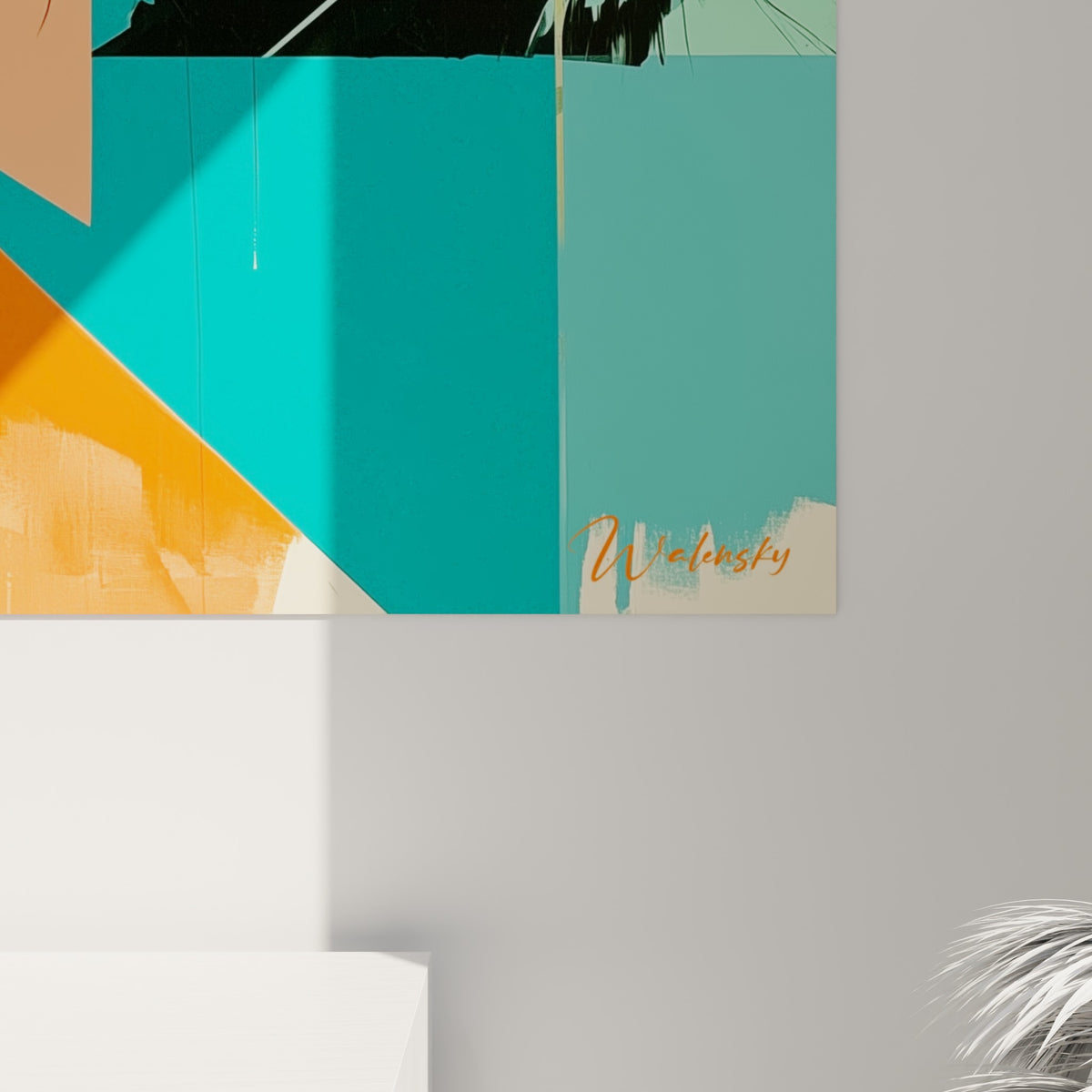 Traits noirs esquissés et aplats orange, turquoise se rejoignant en gros plan sur la toile de l'ours brun