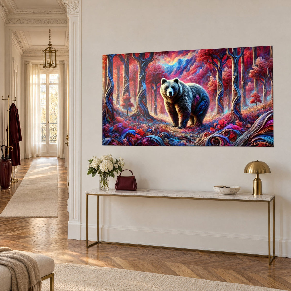 Wall art of a massive grizzly in a vivid red forest with midnight blue twisted trees, hung above a gilded console in a Haussmann-style hallway