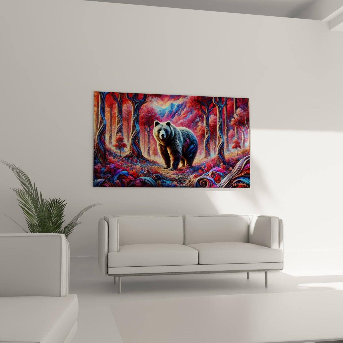 Ours brun dans une forêt tourbillonnante rouge et pourpre, au-dessus d'un canapé dans un salon lumineux