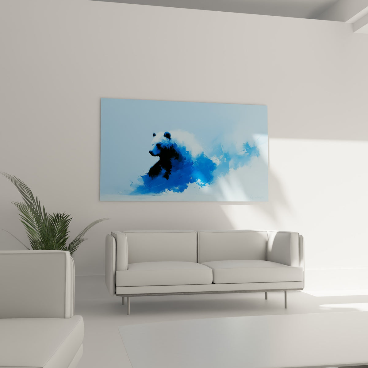 Ours brun noir et blanc emporté par une vague bleu marine au-dessus d'un canapé dans un salon lumineux