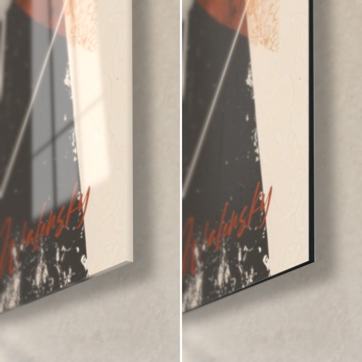 Wall art graphic bear, bottom right corner: glossy acrylic glass on the left, matte Dibond on the right, rust signature, 3 mm edge