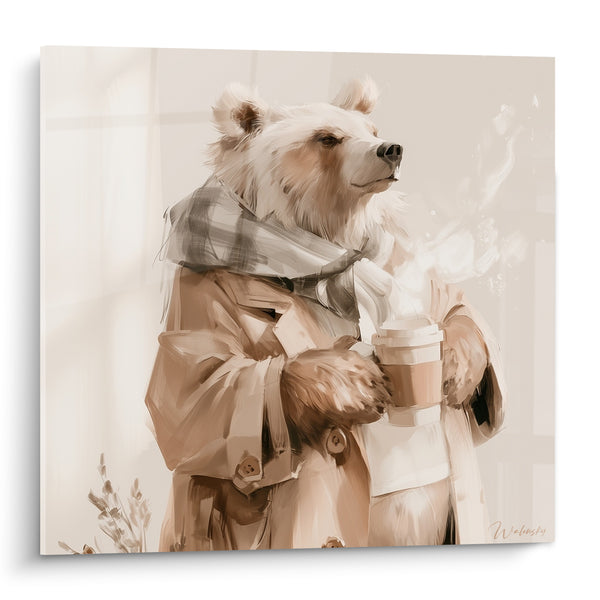 Tableau Ours brun en trench-coat beige et écharpe - Pause matinale - Edition Ours brun