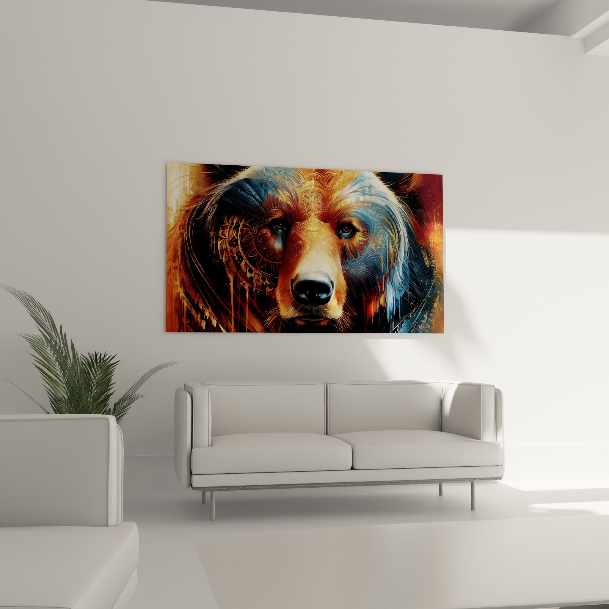 Ours brun doré aux motifs tribaux bleutés et coulures orangées, au-dessus d'un canapé dans un salon lumineux