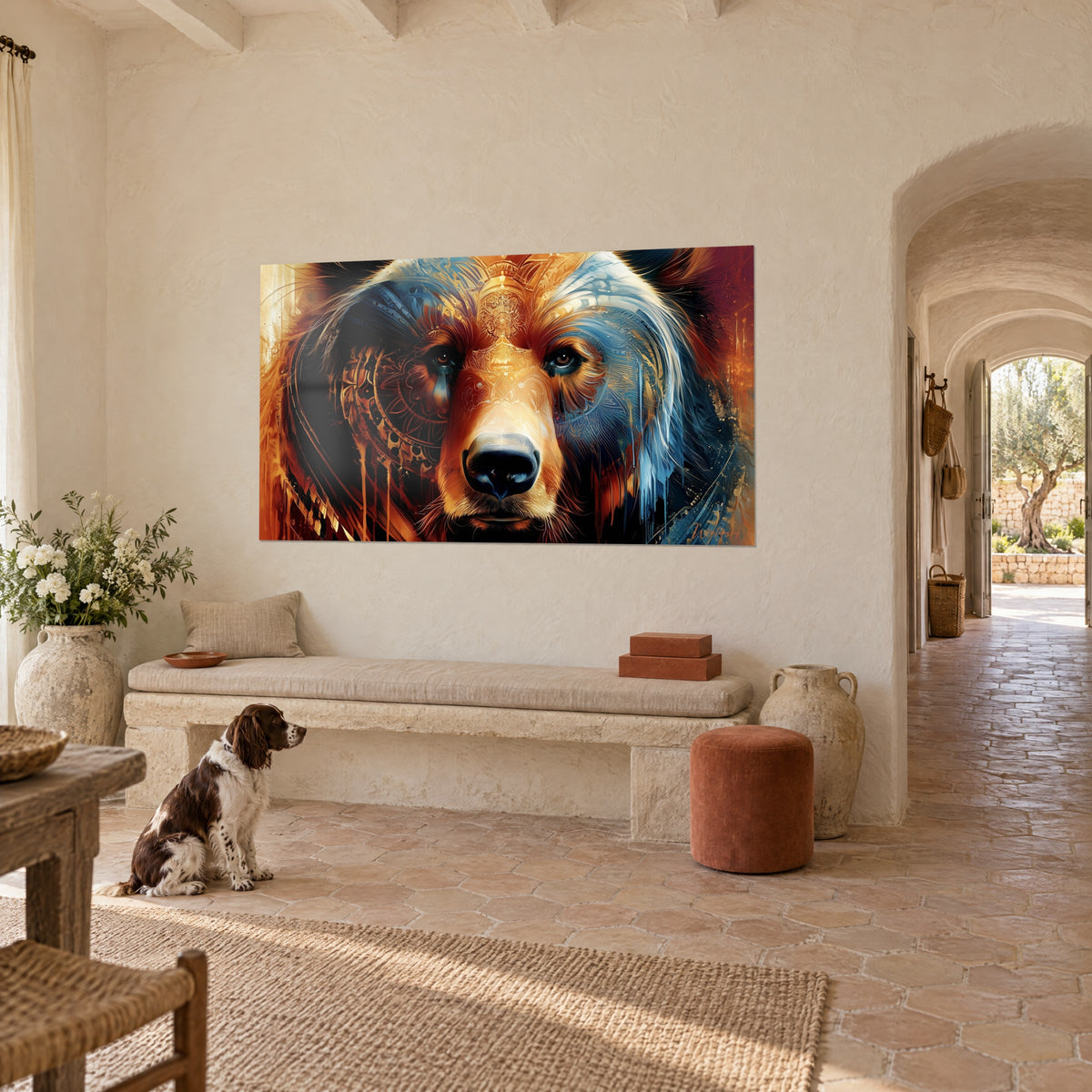 Quadro grizzly di fronte con ornamenti dorati, pelo arancio e blu ghiacciaio, di fronte a uno spaniel tranquillo in un mas provenzale