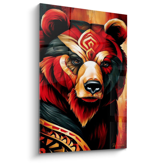 Ours brun rouge et doré au regard intense, motifs tribaux noirs et beiges sur fond peint