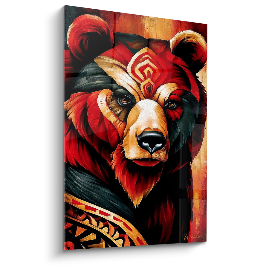 Tableau Ours brun rouge et noir aux motifs tribaux - Gardien tribal - Edition Ours brun
