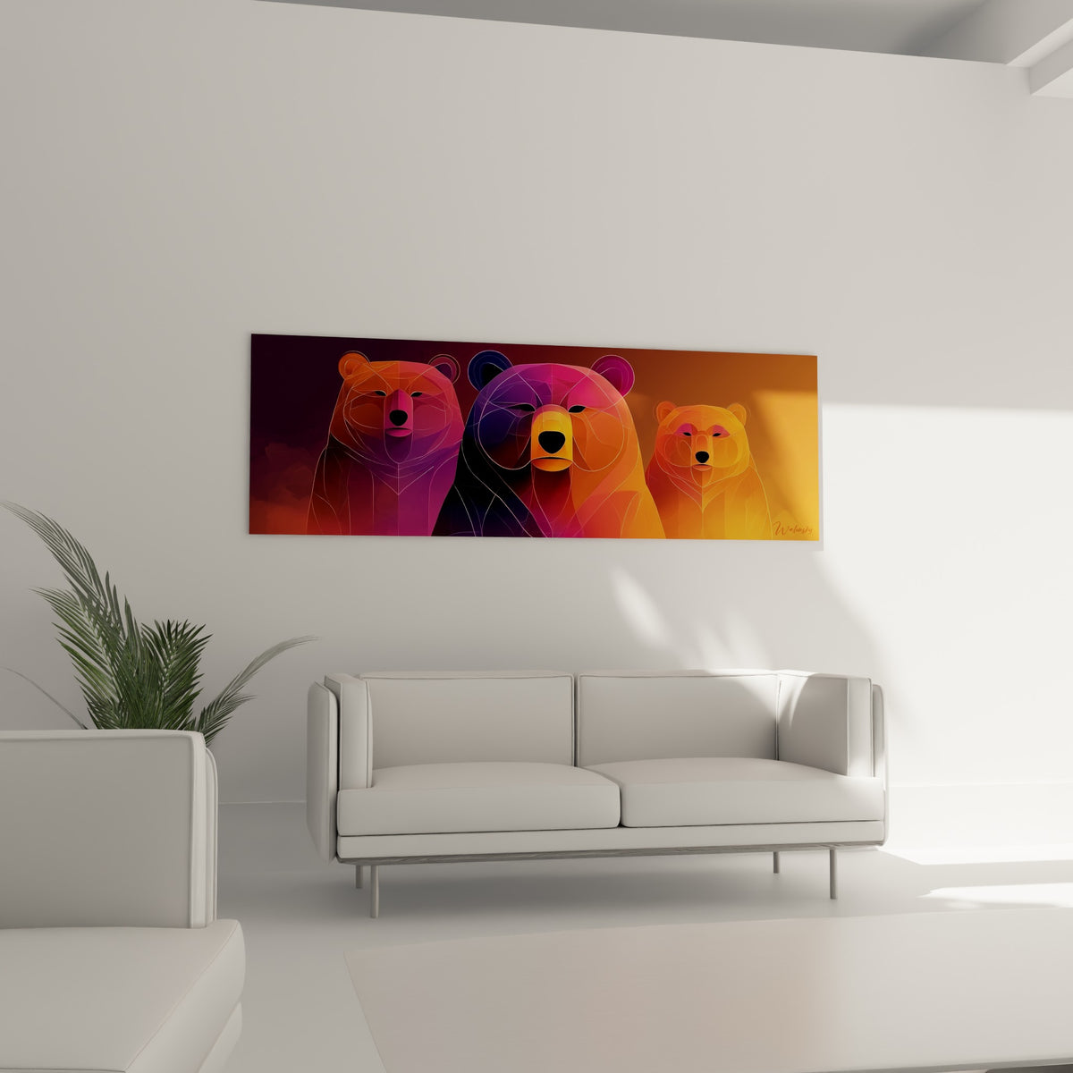 Ours bruns stylisés en dégradés fuchsia et orange, suspendus au-dessus d'un canapé dans un salon lumineux
