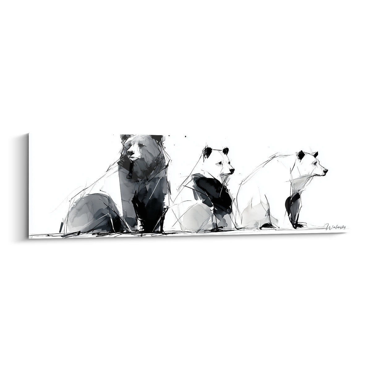 Trois ours bruns assis en noir et gris fauve, esquissés à l'encre sur fond blanc épuré