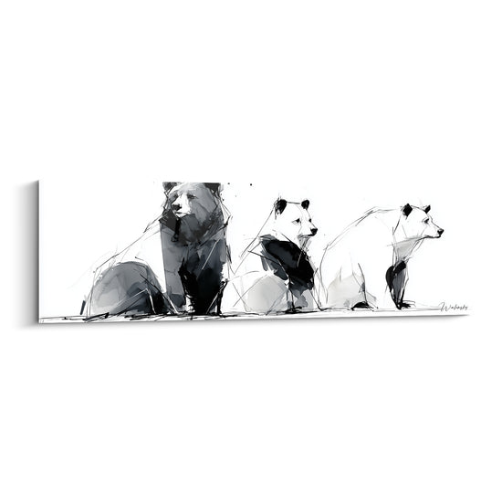 Trois ours bruns assis en noir et gris fauve, esquissés à l'encre sur fond blanc épuré