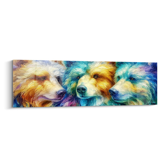 Trois têtes d'ours brun aux teintes turquoise, dorée et anthracite, peinture texturée style aquarelle.