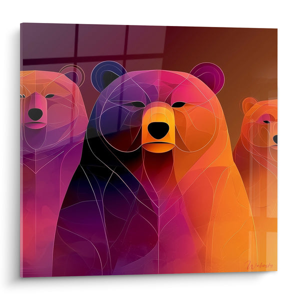 Tableau Ours violets et orange aux traits géométriques - Conseil de meute - Edition Ours brun
