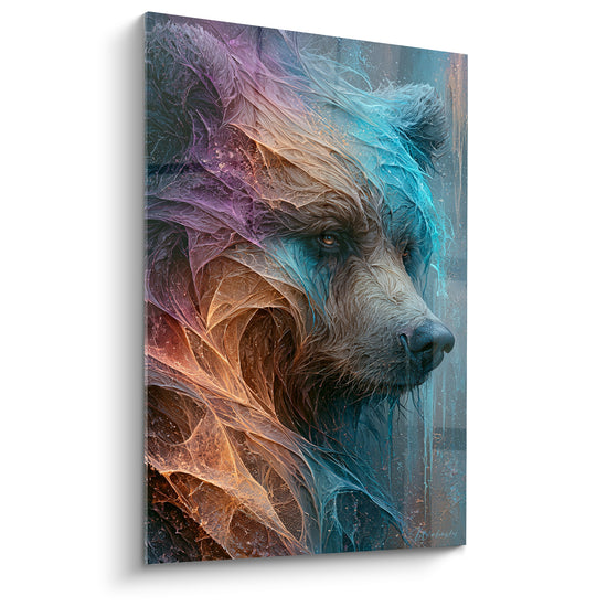 Ours brun au pelage fissuré turquoise et ambre, regard perçant, texture façon verre craquelé