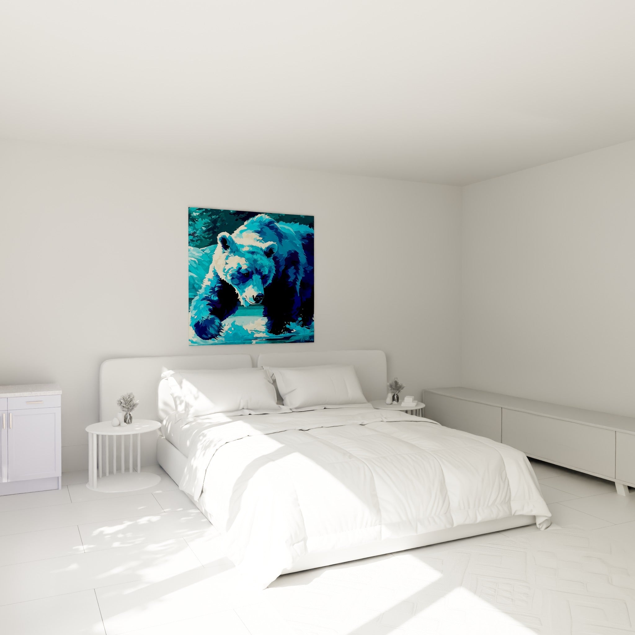 Ours brun bleu marine et turquoise en pleine pêche, accroché au-dessus d'un lit dans une chambre claire