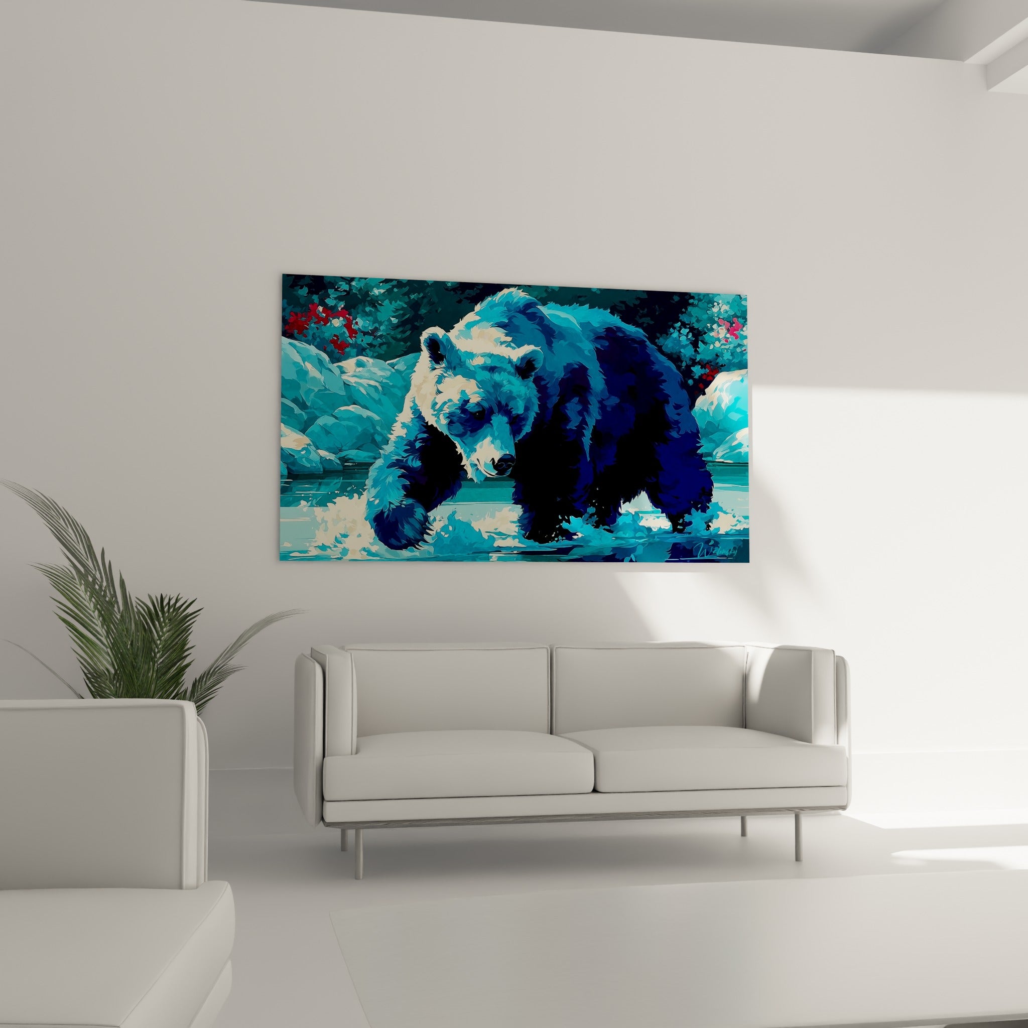 Prédateur bleu turquoise et blanc crème avançant dans l'eau, au-dessus d'un canapé dans un salon lumineux