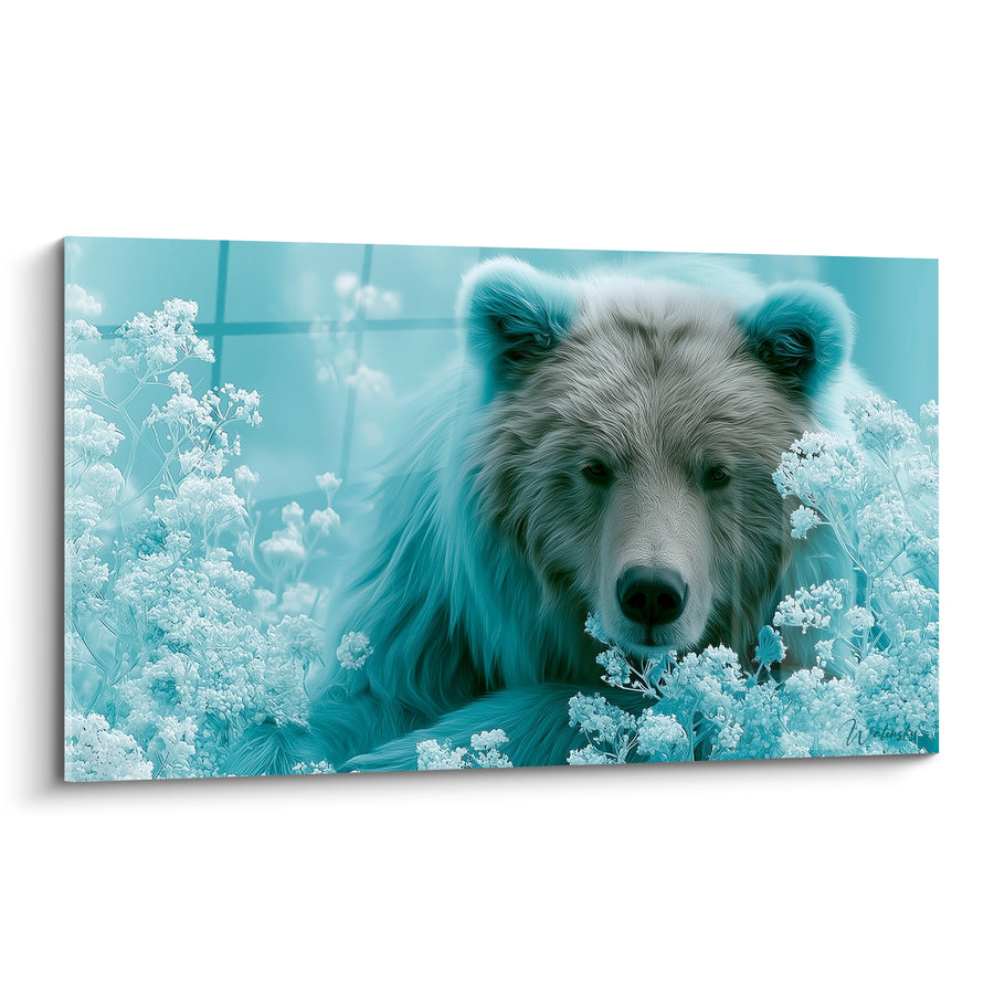 Tableau Ours turquoise et blanc parmi les fleurs givrées - Buisson fleuri glacé - Edition Ours brun