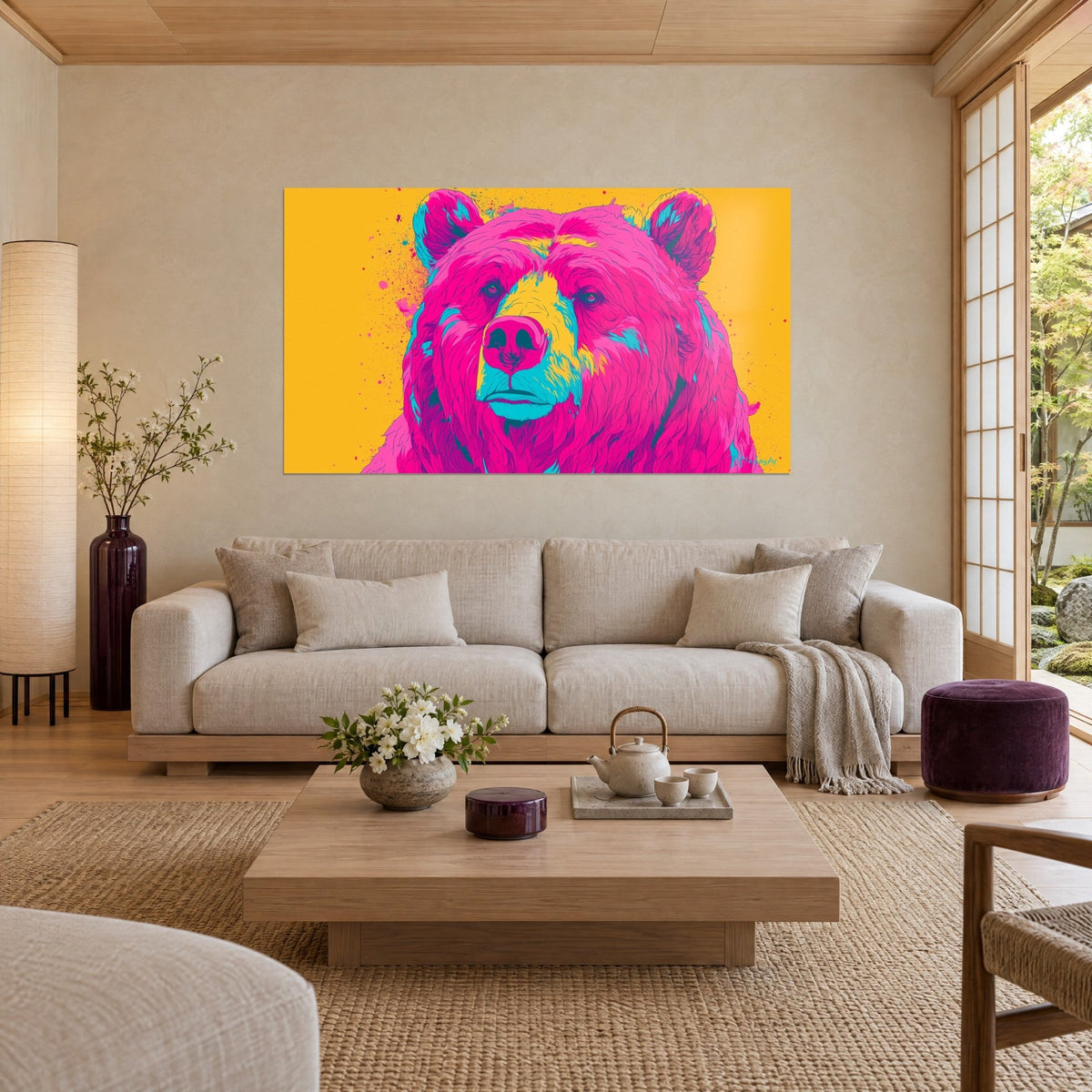 Tableau ours brun rose fluo, museau turquoise, fond jaune moutarde éclaboussé, au-dessus d'un canapé dans un salon lumineux