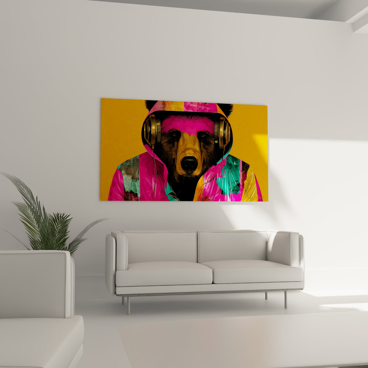 Ours brun coiffé d'un casque doré, capuche turquoise et rose, au-dessus d'un canapé dans un salon lumineux