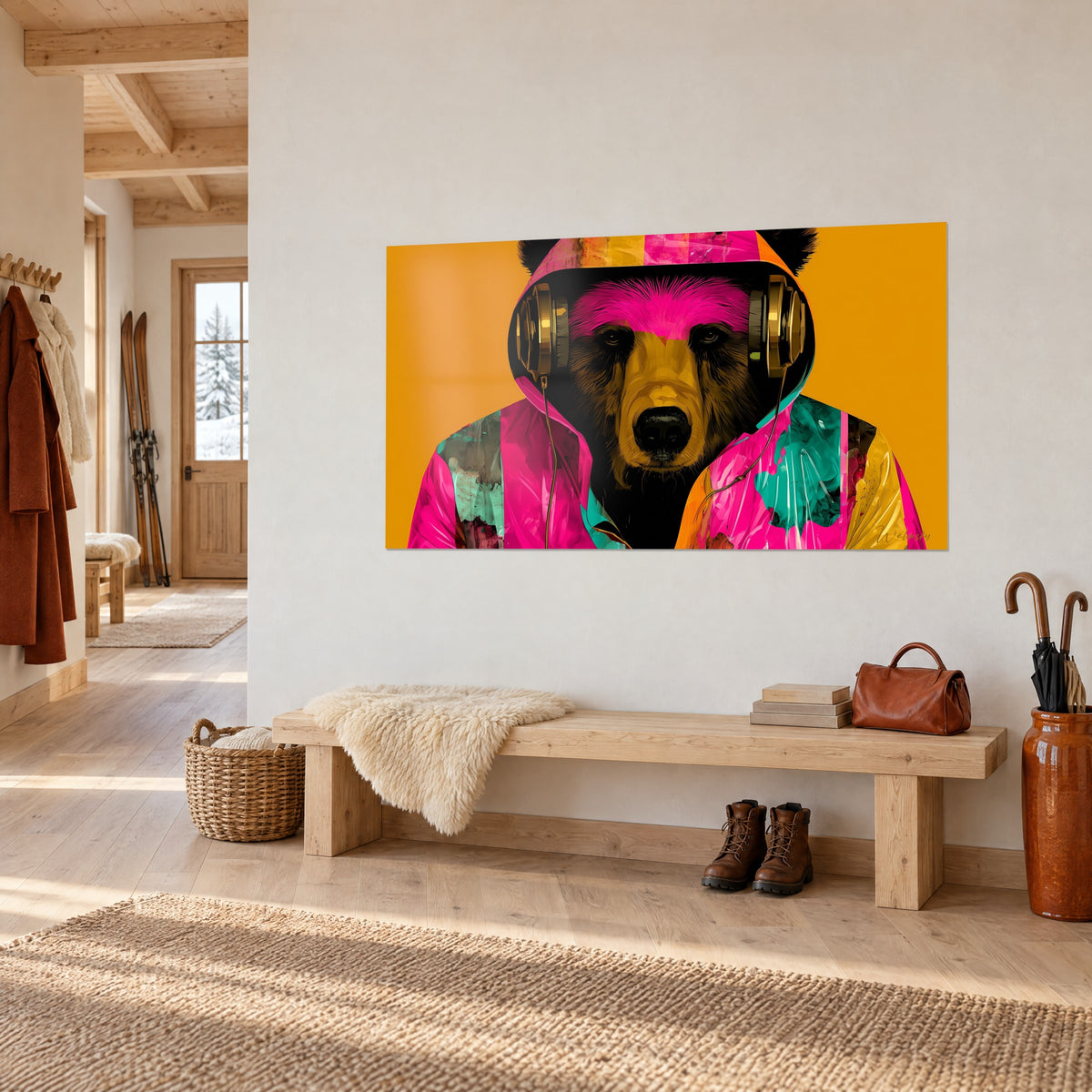 Tableau grizzly en veste turquoise et rose, casque audio doré, fond orange safran, sur un mur blanc au-dessus d'un banc en bois d'entrée