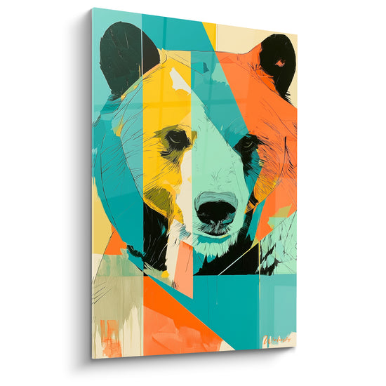 Ours brun au visage fragmenté en tons turquoise, orange et jaune, style graphique intense
