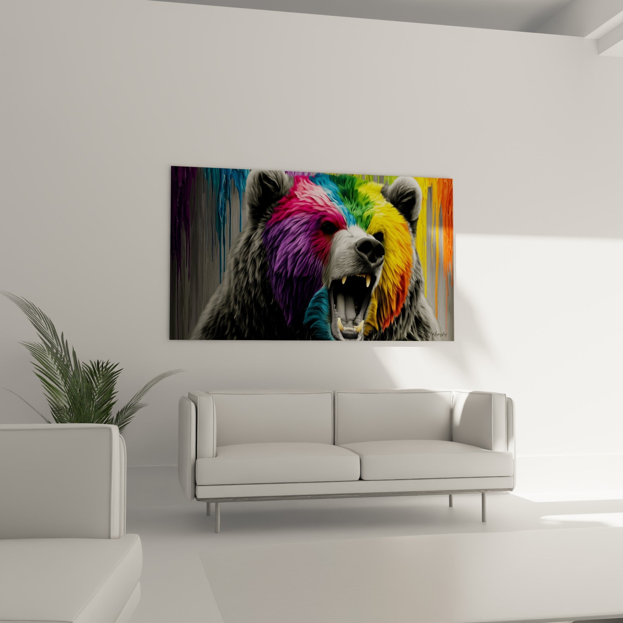 Regard perçant de l'ours brun aux teintes violettes et orangées placé au-dessus d'un canapé dans un salon lumineux