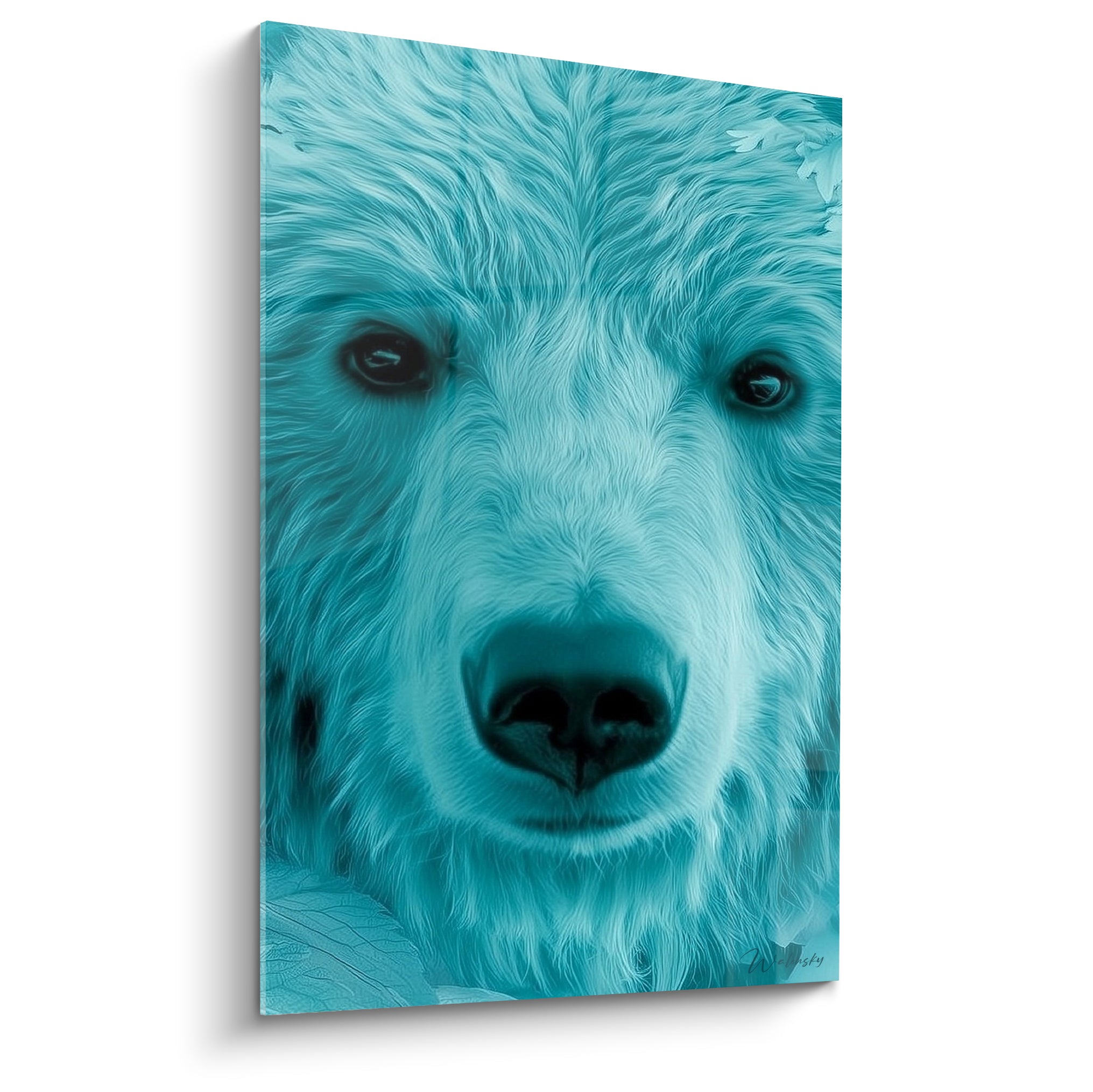 Ours brun turquoise au regard sombre et pelage texturé finement détaillé sur fond clair