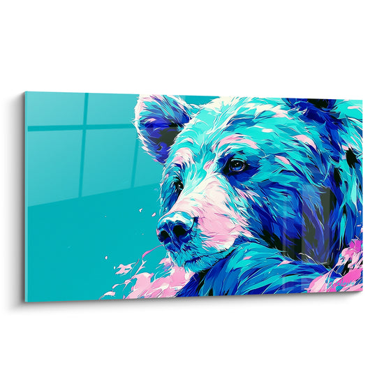 Ours brun turquoise au regard perçant, fourrure bleu marine et touches roses éclatantes