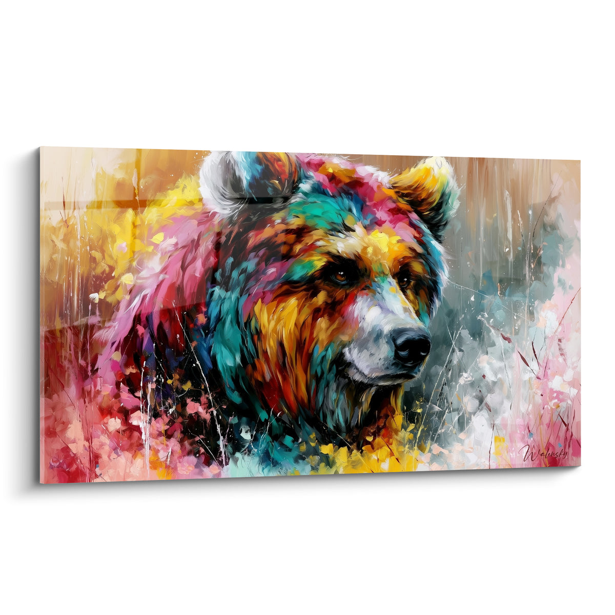 Ours brun au regard intense, fourrure turquoise et rose, museau blanc, peinture expressive éclatée