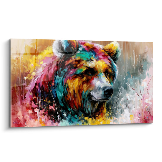 Ours brun au regard intense, fourrure turquoise et rose, museau blanc, peinture expressive éclatée