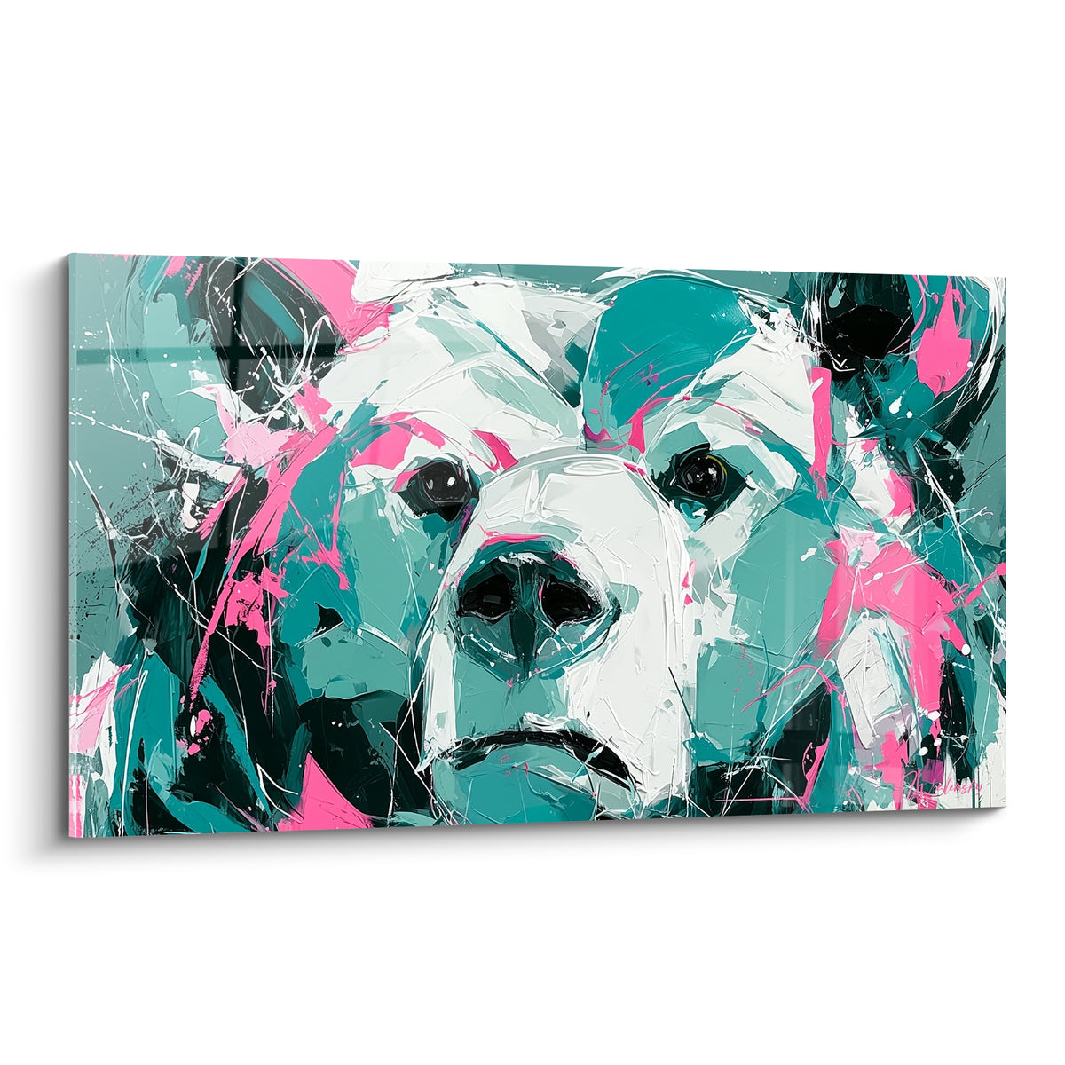 Ours brun au regard intense, fourrure blanche et touches turquoise et rose vif éclatées