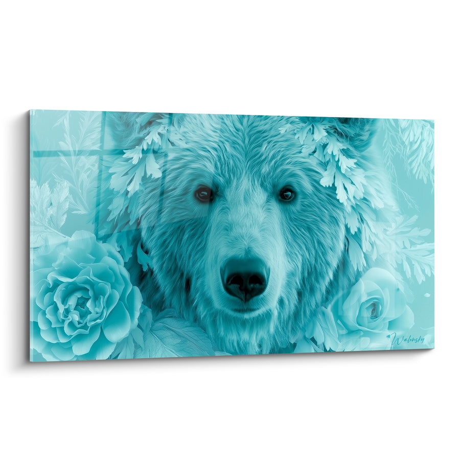 Tableau Ours turquoise et blanc entouré de roses givrées - Roses monochromes glacées - Edition Ours brun