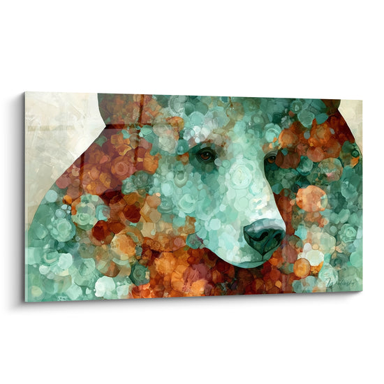 Ours brun aux bulles turquoise et rouille, regard intense en pleine mosaïque colorée