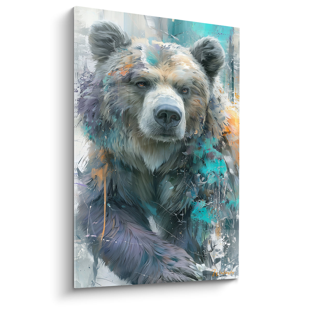 Ours brun au regard ambré, pelage gris perle éclaboussé de turquoise et safran, style aquarelle